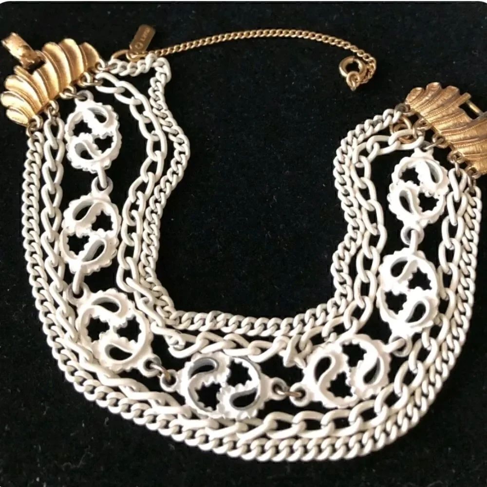 Vintage signed gold white enamel multi chain strand chain bracelet